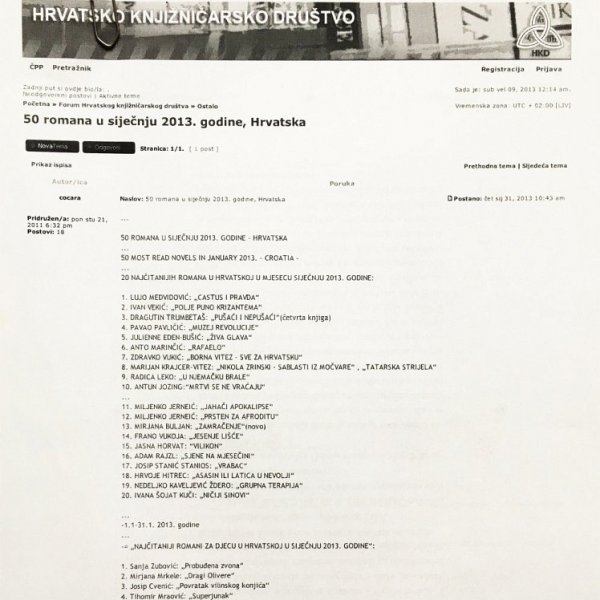 Najčitaniji romani za djecu u Hrvatskoj u siječnju 2013, Hrvatsko knjižničarsko društvo, 31 siječnja 2013